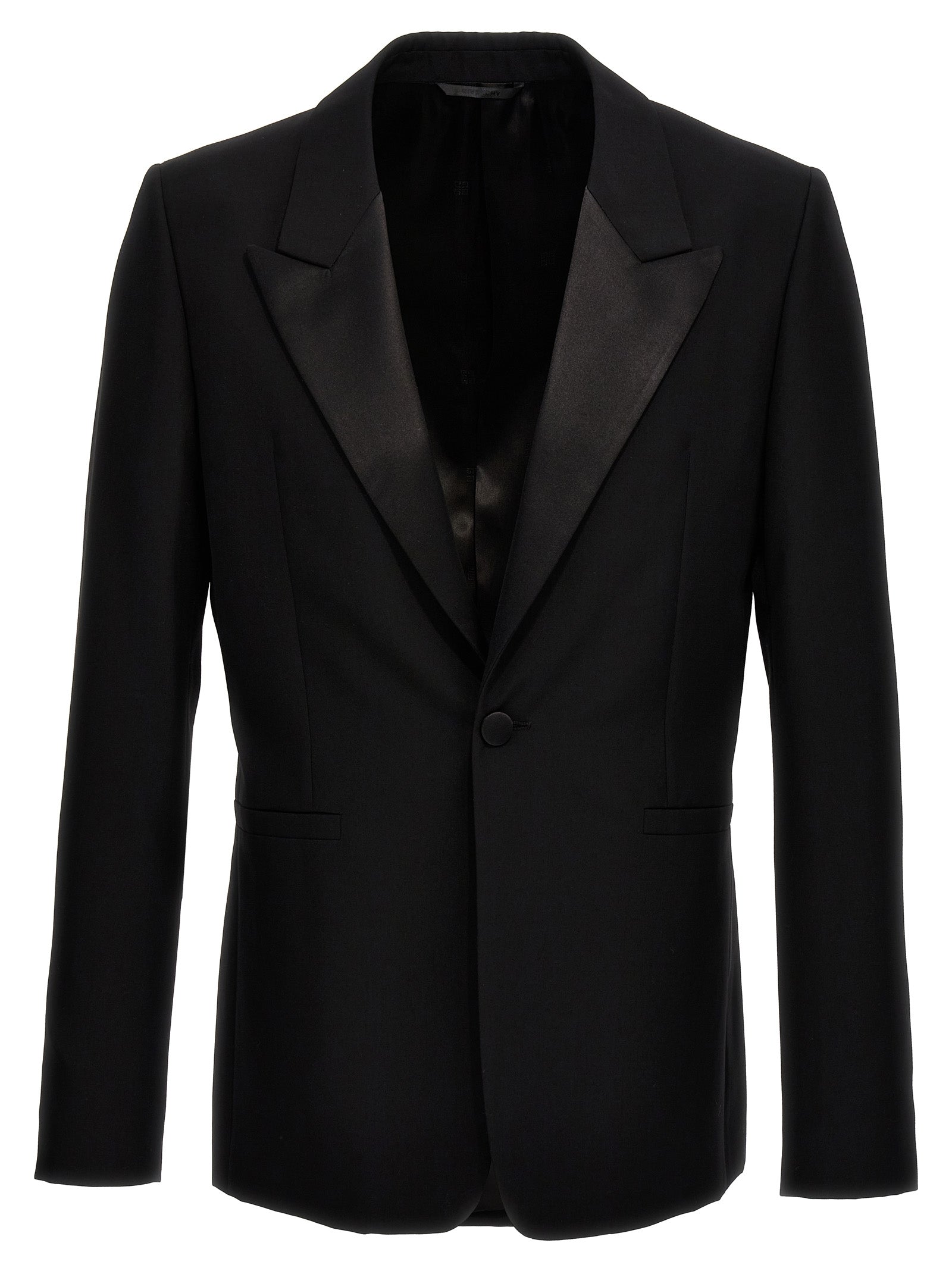 Blazer by Givenchy for men in satin wool black showcases a polished silhouette, highlighted by a refined lapel peak-lapel neckline and polished for a sophisticated finish.