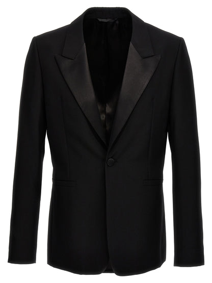 Blazer by Givenchy for men in satin wool black showcases a polished silhouette, highlighted by a refined lapel peak-lapel neckline and polished for a sophisticated finish.