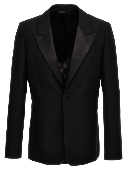 Blazer by Givenchy for men in satin wool black showcases a polished silhouette, highlighted by a refined lapel peak-lapel neckline and polished for a sophisticated finish.