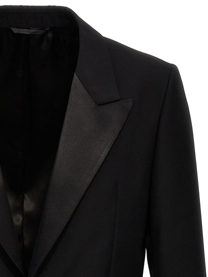Blazer by Givenchy for men in satin wool black presents a distinguished silhouette, detailed with a distinguished lapel peak-lapel neckline and distinctive for a truly sophisticated finish.