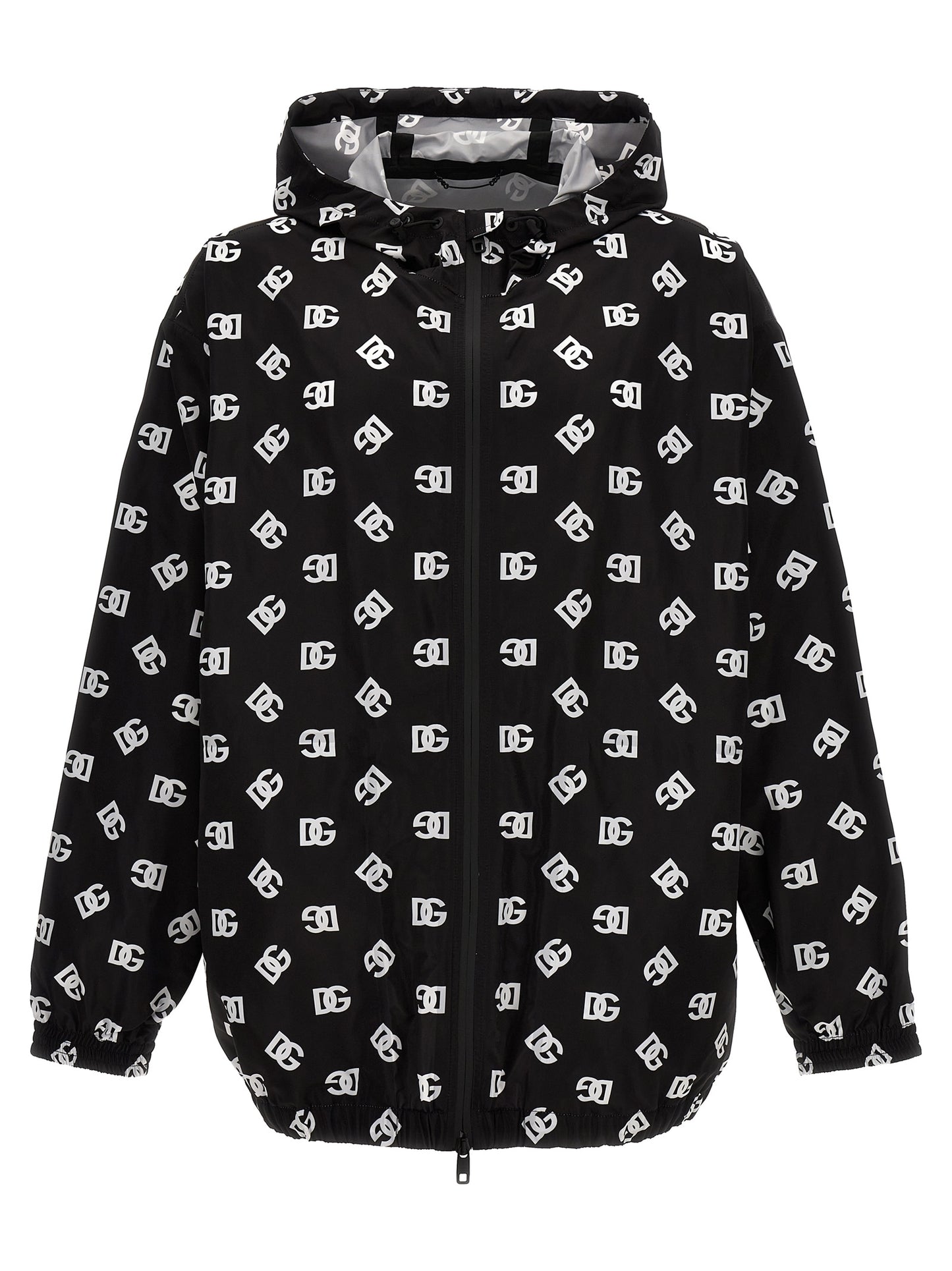 Hooded Windbreaker Jacket by Dolce & Gabbana for men in nylon & polyester bicolour, black, white & print features an stylish silhouette, showcasing a sophisticated hooded neckline and performance-driven pockets, hooded & windproof for a premium, stylish look.
