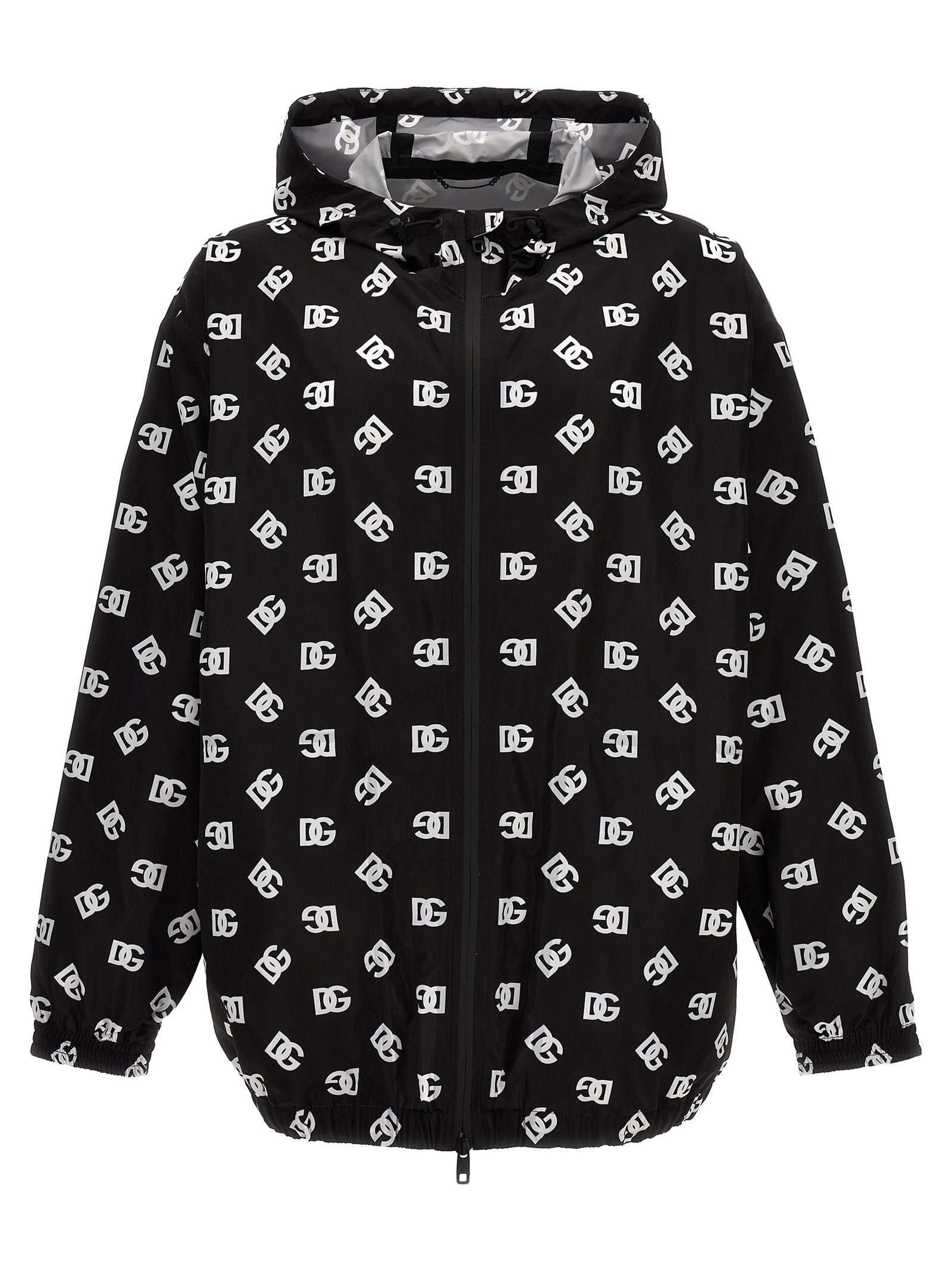 Hooded Windbreaker Jacket by Dolce & Gabbana for men in nylon & polyester bicolour, black, white & print features an stylish silhouette, showcasing a sophisticated hooded neckline and performance-driven pockets, hooded & windproof for a premium, stylish look.