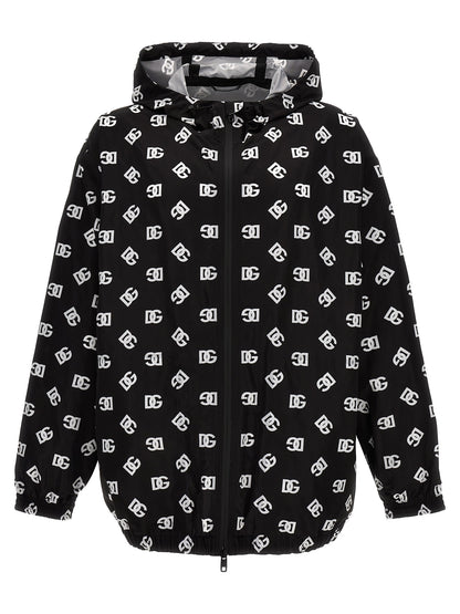 Hooded Windbreaker Jacket by Dolce & Gabbana for men in nylon & polyester bicolour, black, white & print features an stylish silhouette, showcasing a sophisticated hooded neckline and performance-driven pockets, hooded & windproof for a premium, stylish look.