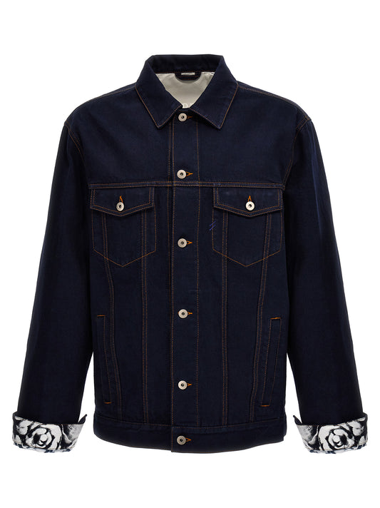 Trucker Jacket by Burberry for men in denim cotton blue, rose & print features a city-ready silhouette, detailed with pockets and a city-ready .