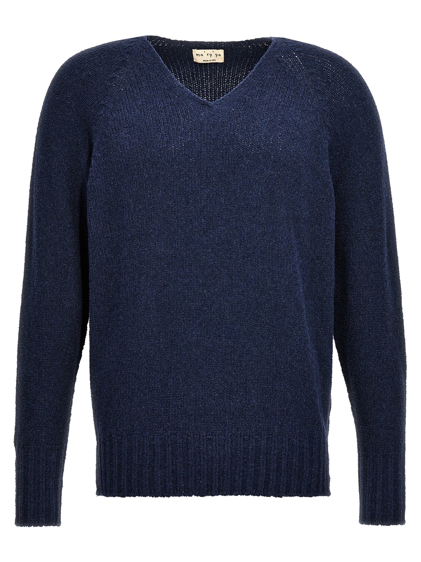 Cardigan by MA'RY'YA for men in polyamide modacrylic & cotton blue features a dramatic silhouette, showcasing a sophisticated v-neck neckline and dramatic detail for a timeless, premium look.