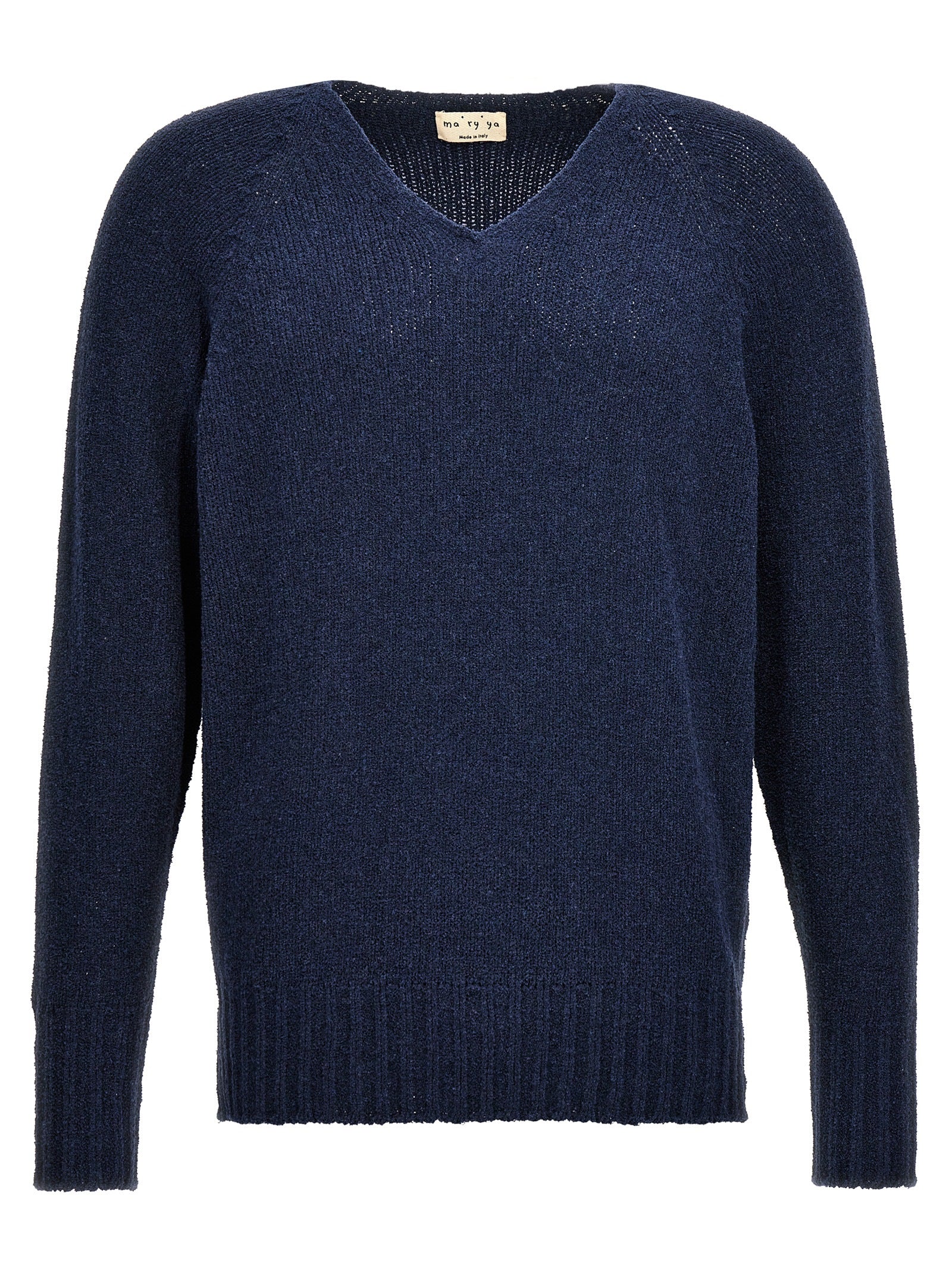 Cardigan by MA'RY'YA for men in polyamide modacrylic & cotton blue features a dramatic silhouette, showcasing a sophisticated v-neck neckline and dramatic detail for a timeless, premium look.