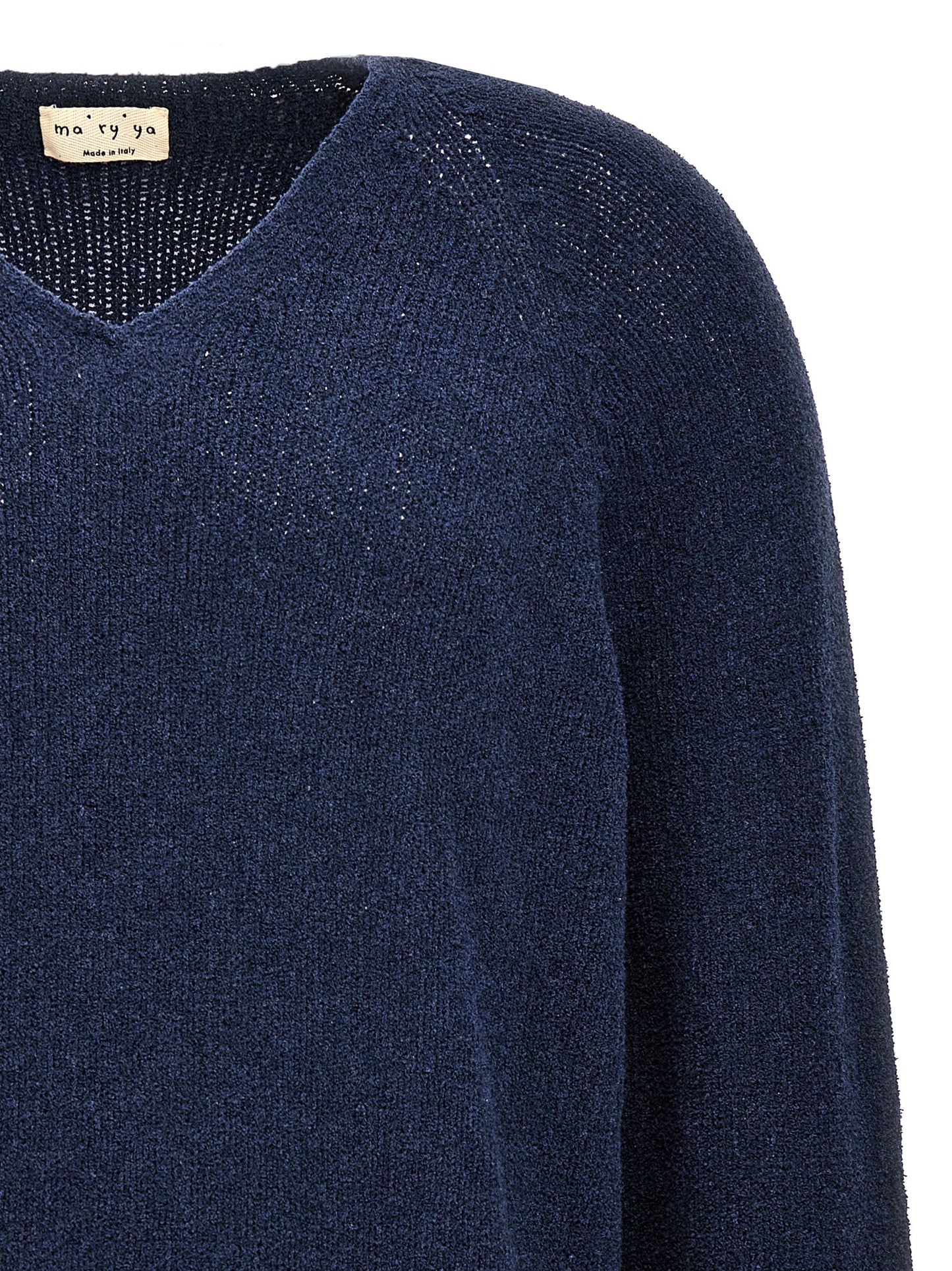 Cardigan by MA'RY'YA for men in polyamide modacrylic & cotton blue showcases a captivating silhouette, artfully detailed with a captivating and v-neck neckline for a truly sophisticated captivating look.