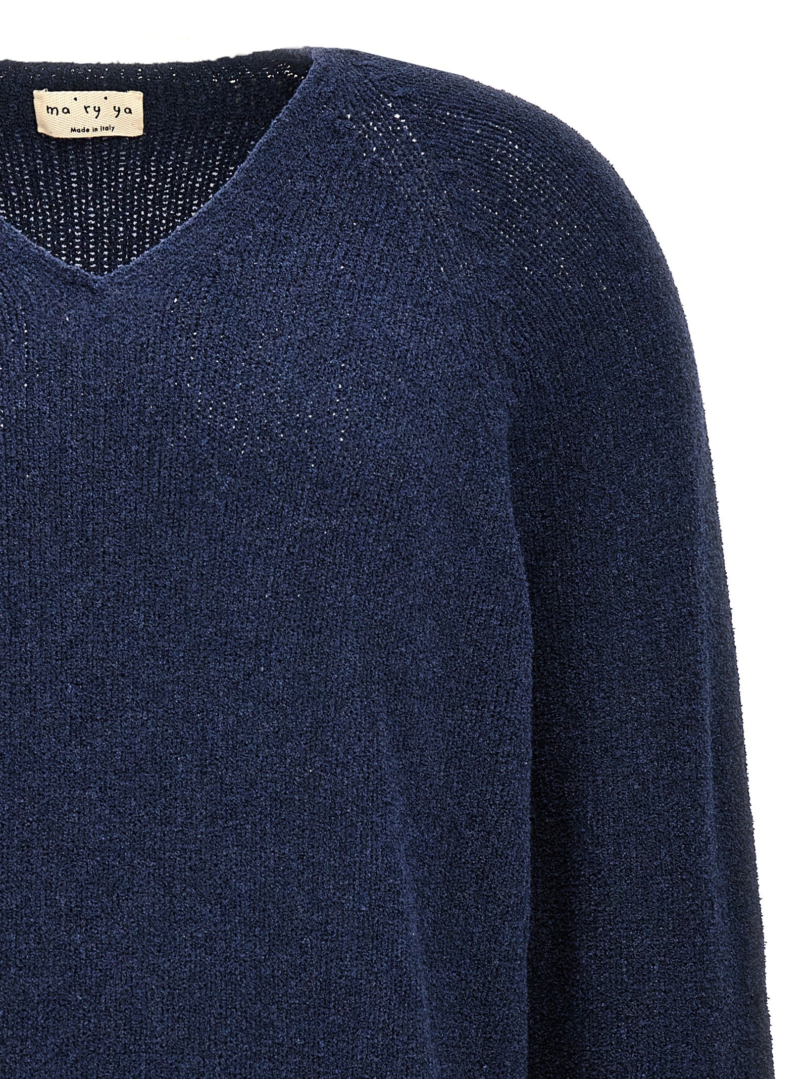 Cardigan by MA'RY'YA for men in polyamide modacrylic & cotton blue showcases a captivating silhouette, artfully detailed with a captivating and v-neck neckline for a truly sophisticated captivating look.