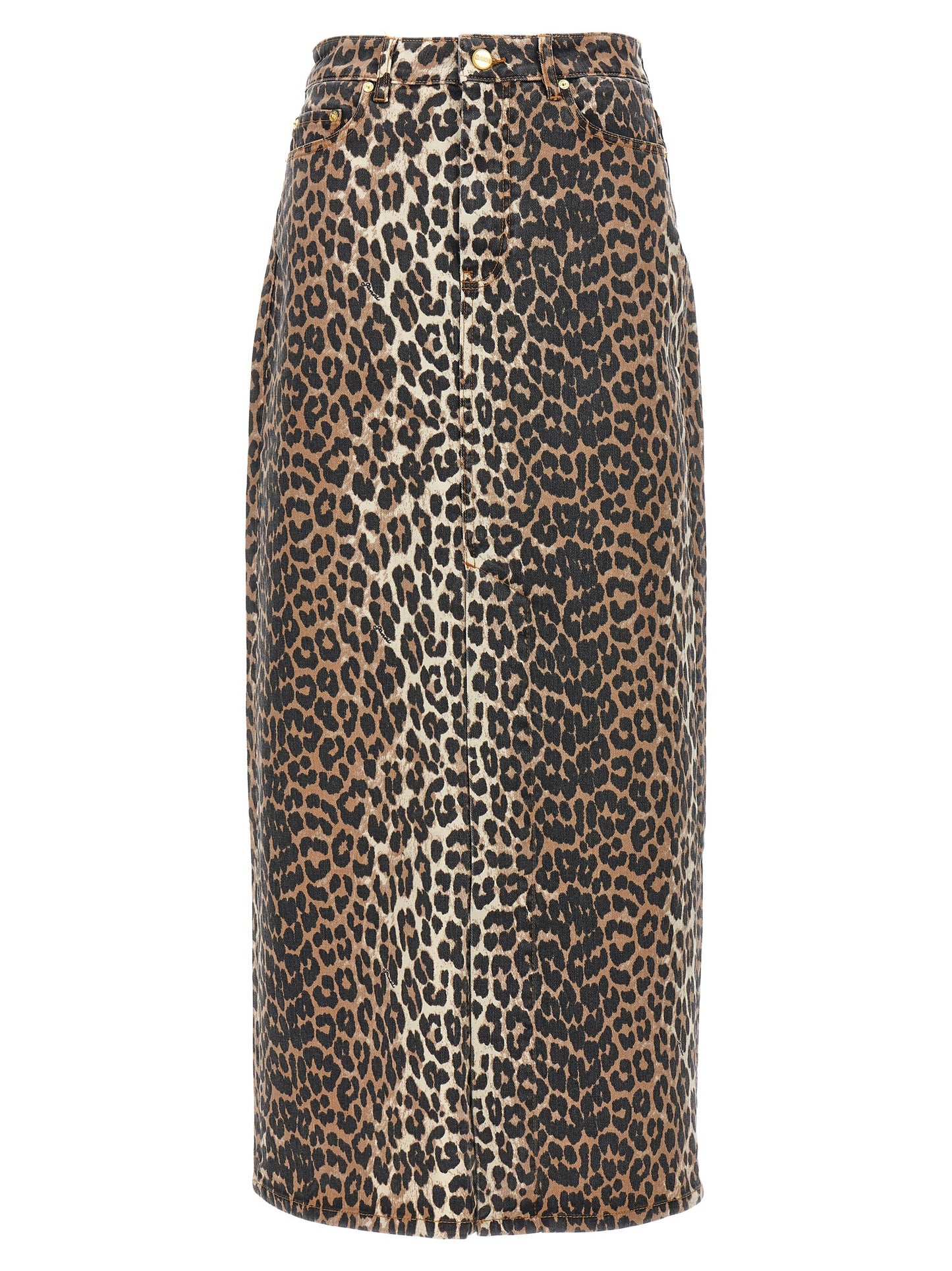 Skirt by Ganni for women in stretch organic cotton denim brown & print showcases a sultry silhouette, elegantly defined by its mini and the sophisticated sultry design of the 9 To 5 Women's Denim Stretch Organic Cotton Skirt.