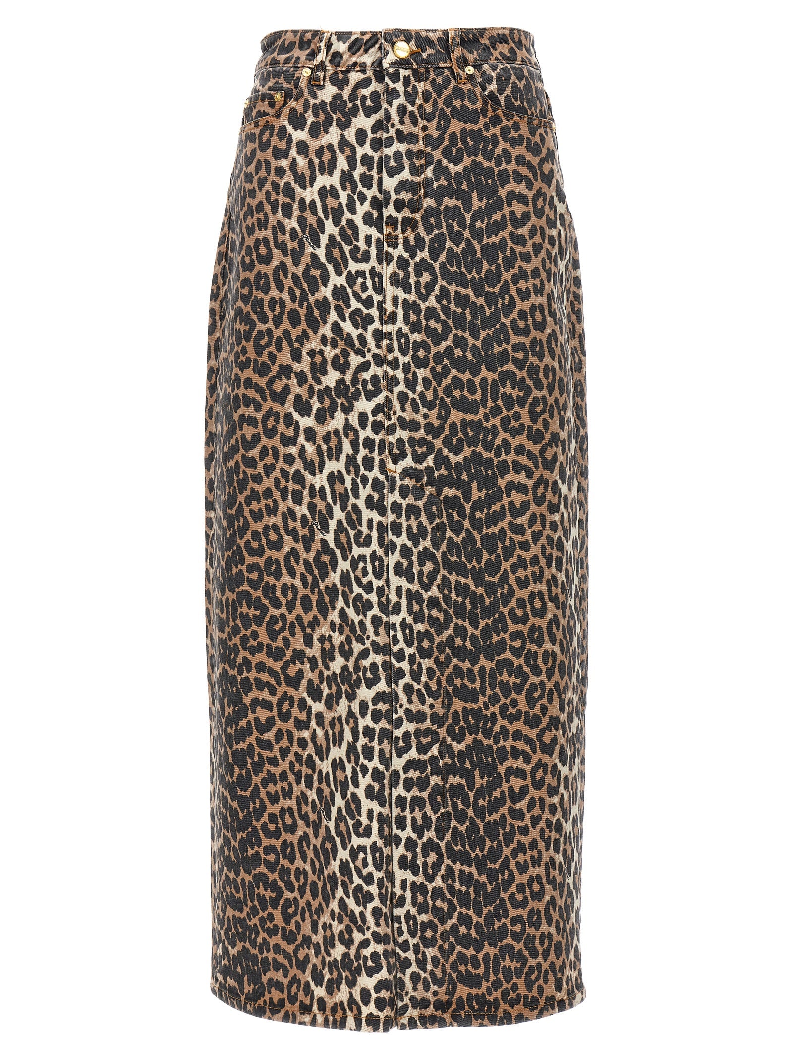 Skirt by Ganni for women in stretch organic cotton denim brown & print showcases a sultry silhouette, elegantly defined by its mini and the sophisticated sultry design of the 9 To 5 Women's Denim Stretch Organic Cotton Skirt.