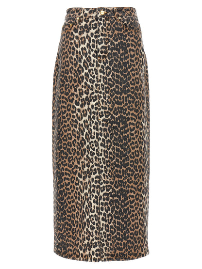 Skirt by Ganni for women in stretch organic cotton denim brown & print showcases a sultry silhouette, elegantly defined by its mini and the sophisticated sultry design of the 9 To 5 Women's Denim Stretch Organic Cotton Skirt.