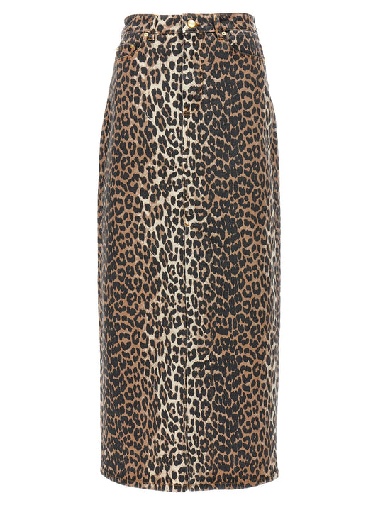 Skirt by Ganni for women in stretch organic cotton denim brown & print showcases a sultry silhouette, elegantly defined by its mini and the sophisticated sultry design of the 9 To 5 Women's Denim Stretch Organic Cotton Skirt.