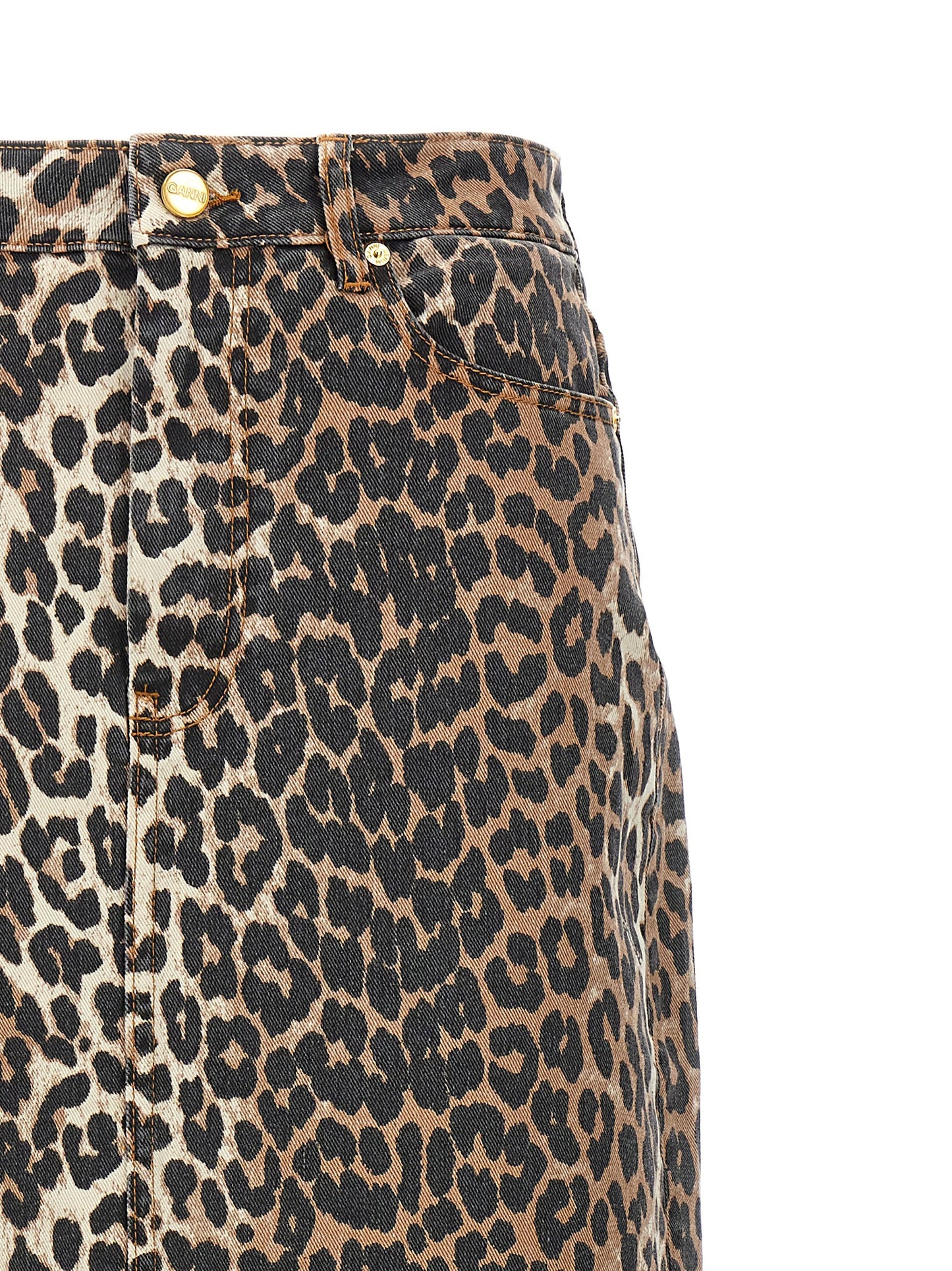 Skirt by Ganni for women in stretch organic cotton denim brown & print features an relaxed-yet-refined silhouette that elegantly showcases the 9 To 5 Women's Denim Stretch Organic Cotton Skirt design and sophisticated mini.