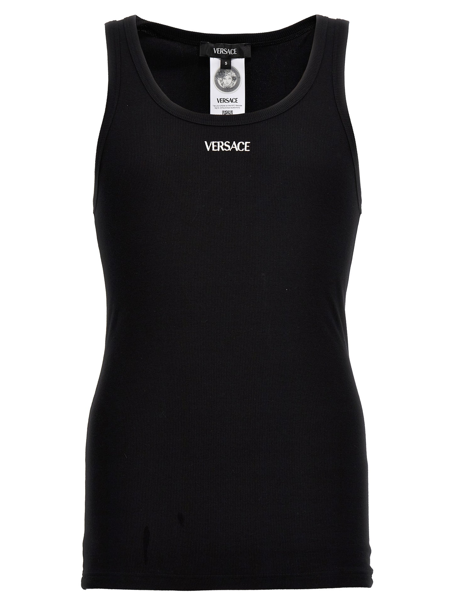 Tank Top by Versace for men in stretch cotton black & signature showcases a streamlined Aren Men's Round Neck Stretch Cotton Tank Top design with a streamlined sleeveless and round neckline.