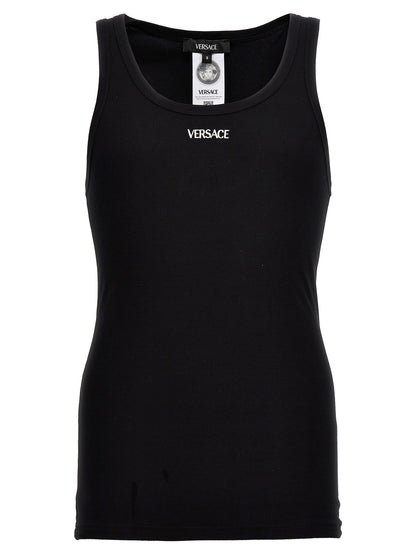 Tank Top by Versace for men in stretch cotton black & signature showcases a streamlined Aren Men's Round Neck Stretch Cotton Tank Top design with a streamlined sleeveless and round neckline.