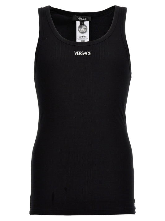 Tank Top by Versace for men in stretch cotton black & signature showcases a streamlined Aren Men's Round Neck Stretch Cotton Tank Top design with a streamlined sleeveless and round neckline.