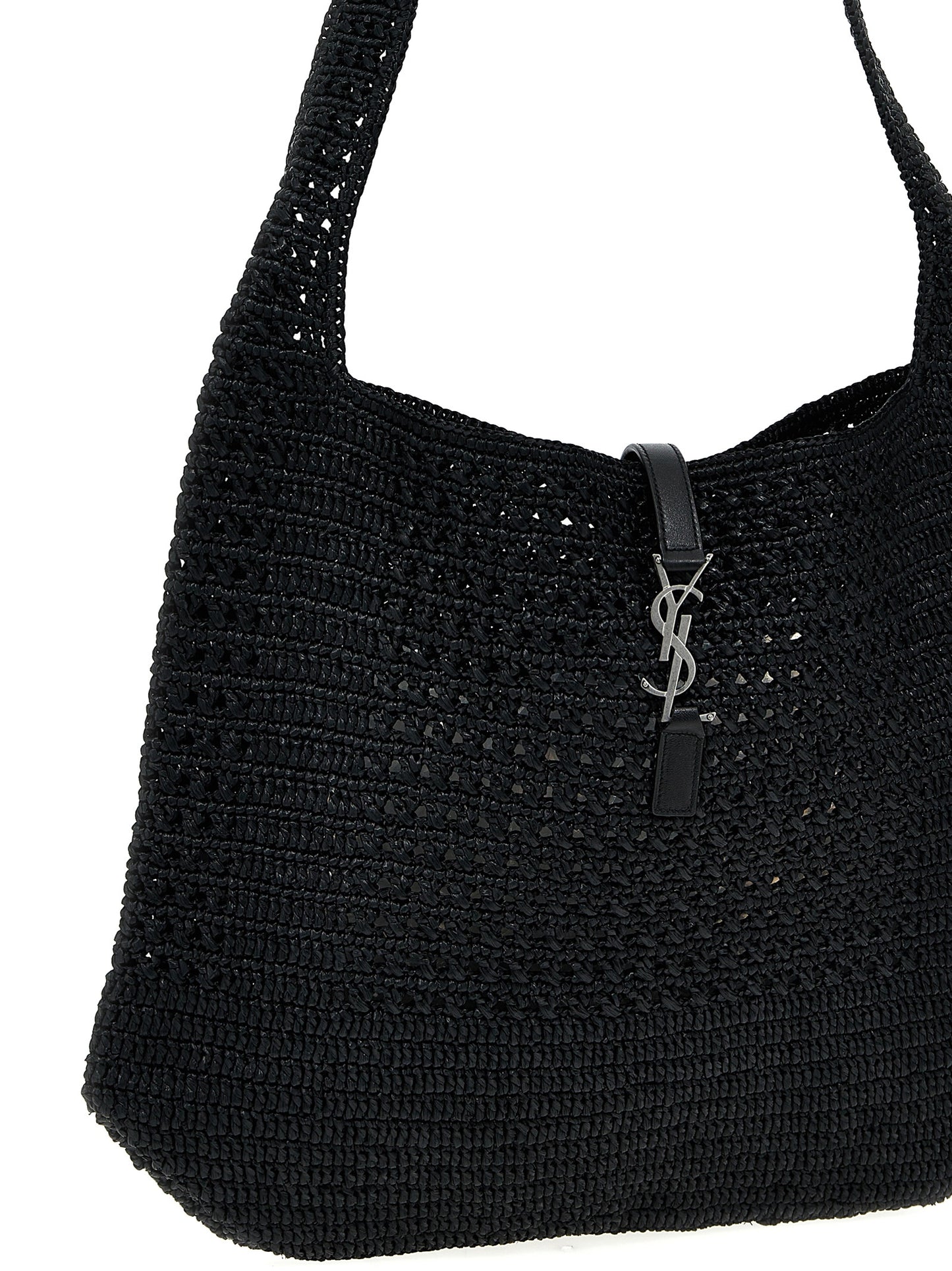 Shopper Tote Bag by Saint Laurent for unisex in raffia polyurethane leather black features a distinguished Le 5 A 7 Crochet Raffia Polyurethane Leather Shopper Tote Bag design, complete with a secure , ample , and versatile shoulder-strap for a distinguished look.