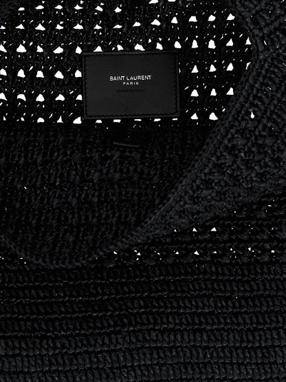 Shopper Tote Bag by Saint Laurent for unisex in raffia polyurethane leather black features an utilitarian-chic silhouette, showcasing the Le 5 A 7 Crochet Raffia Polyurethane Leather Shopper Tote Bag design with a secure , ample , and versatile shoulder-strap.