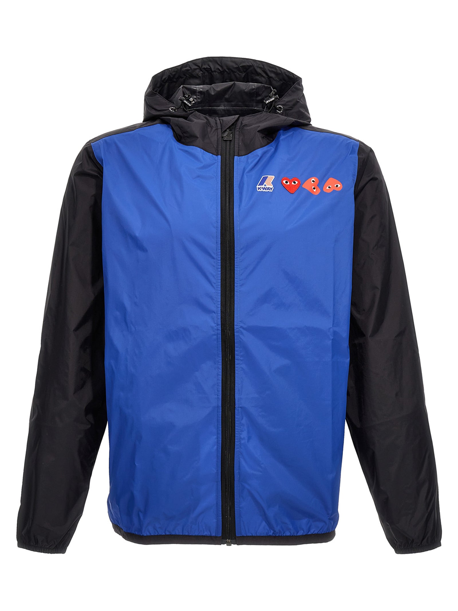 Hooded Windbreaker Jacket by Comme Des Garçons Play for men in nylon blue & print features an magnificent silhouette, showcasing the sophisticated hooded neckline and functional water-resistant, pockets, hooded & windproof for a premium, magnificent look.