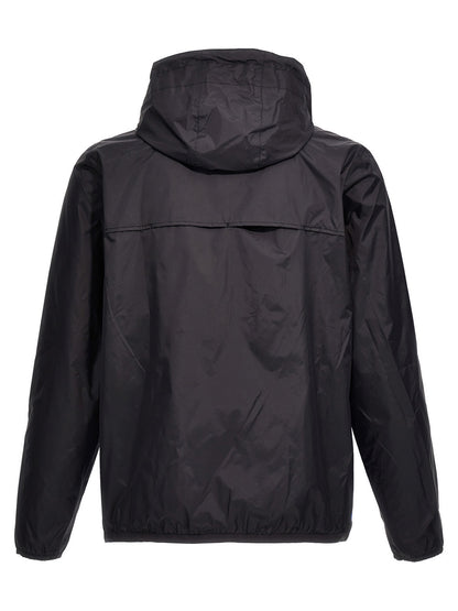 Hooded Windbreaker Jacket by Comme Des Garçons Play for men in nylon blue & print showcases a urban chic silhouette, detailed with a urban chic hooded neckline and functional water-resistant, pockets, hooded & windproof for a polished finish.