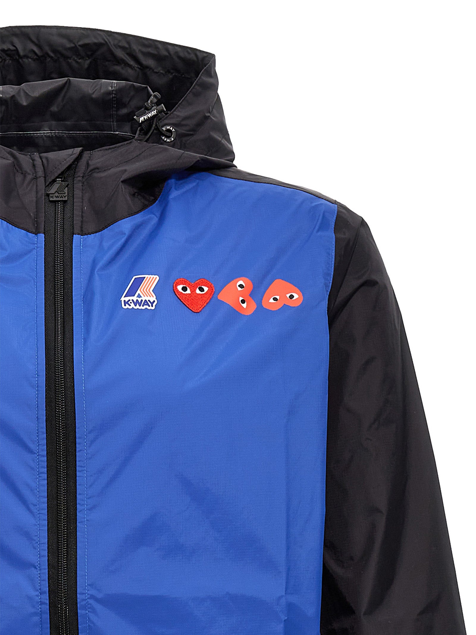 Hooded Windbreaker Jacket by Comme Des Garçons Play for men in nylon blue & print features an stylish silhouette, showcasing a sophisticated hooded neckline and performance-driven water-resistant, pockets, hooded & windproof for a premium, stylish look.