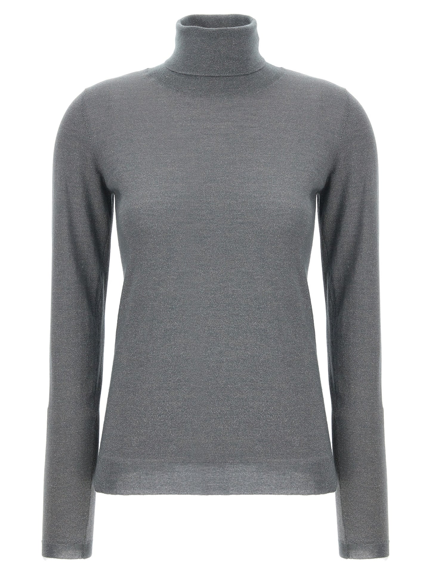 Cardigan by Brunello Cucinelli for women in silk cashmere & polyester gray showcases a luxurious silhouette, meticulously detailed with a sophisticated turtle high-neck neckline and long-sleeve for a refined finish.