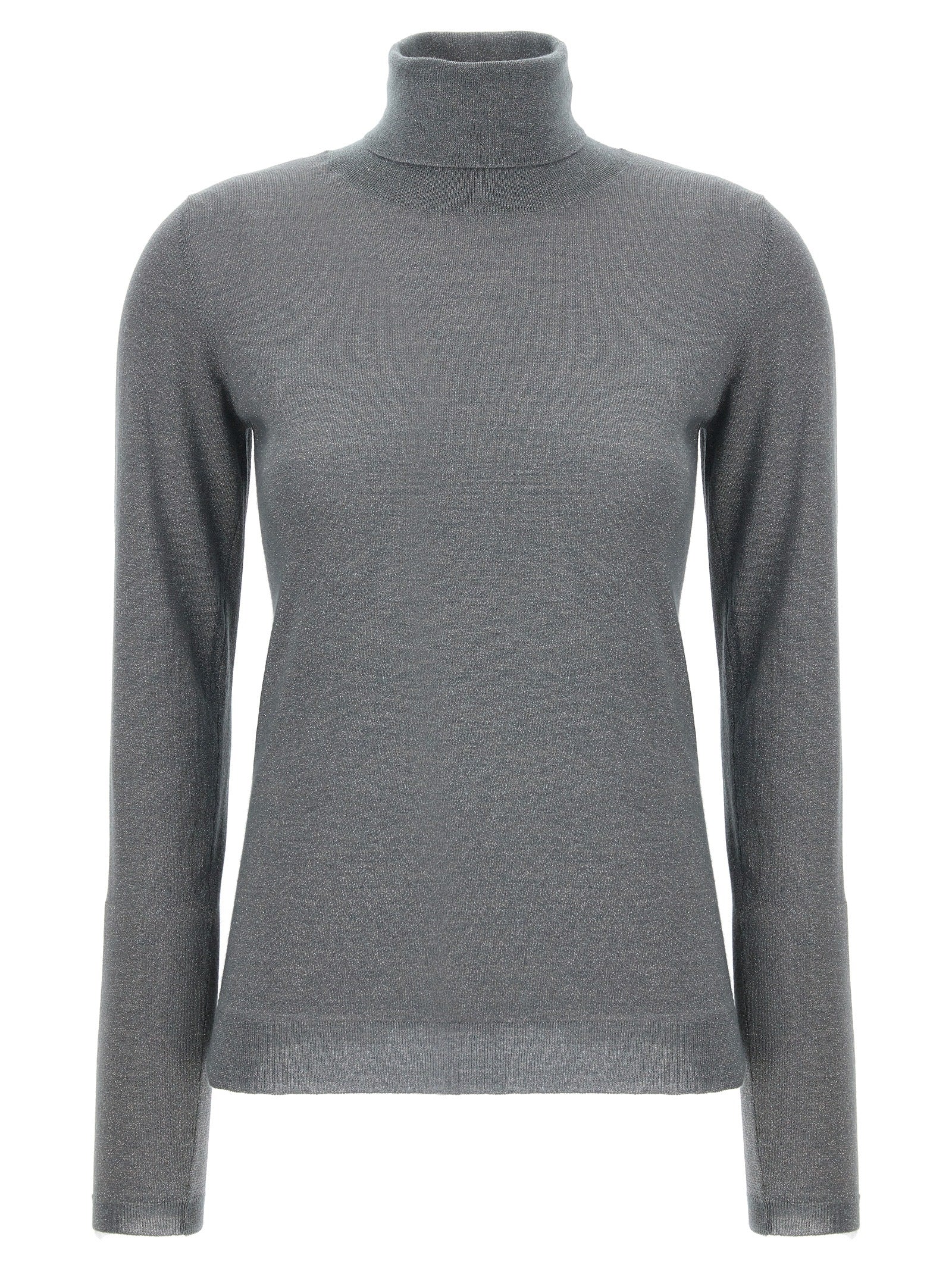 Cardigan by Brunello Cucinelli for women in silk cashmere & polyester gray showcases a luxurious silhouette, meticulously detailed with a sophisticated turtle high-neck neckline and long-sleeve for a refined finish.