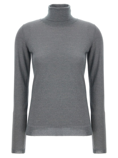 Cardigan by Brunello Cucinelli for women in silk cashmere & polyester gray showcases a luxurious silhouette, meticulously detailed with a sophisticated turtle high-neck neckline and long-sleeve for a refined finish.