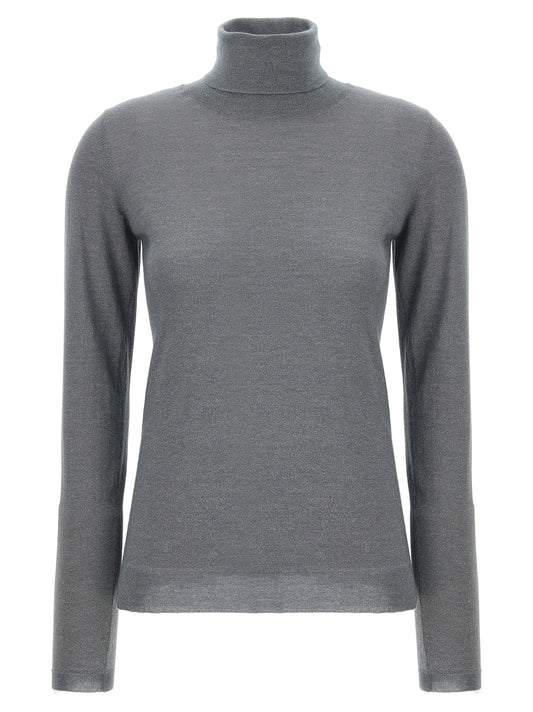 Cardigan by Brunello Cucinelli for women in silk cashmere & polyester gray showcases a luxurious silhouette, meticulously detailed with a sophisticated turtle high-neck neckline and long-sleeve for a refined finish.