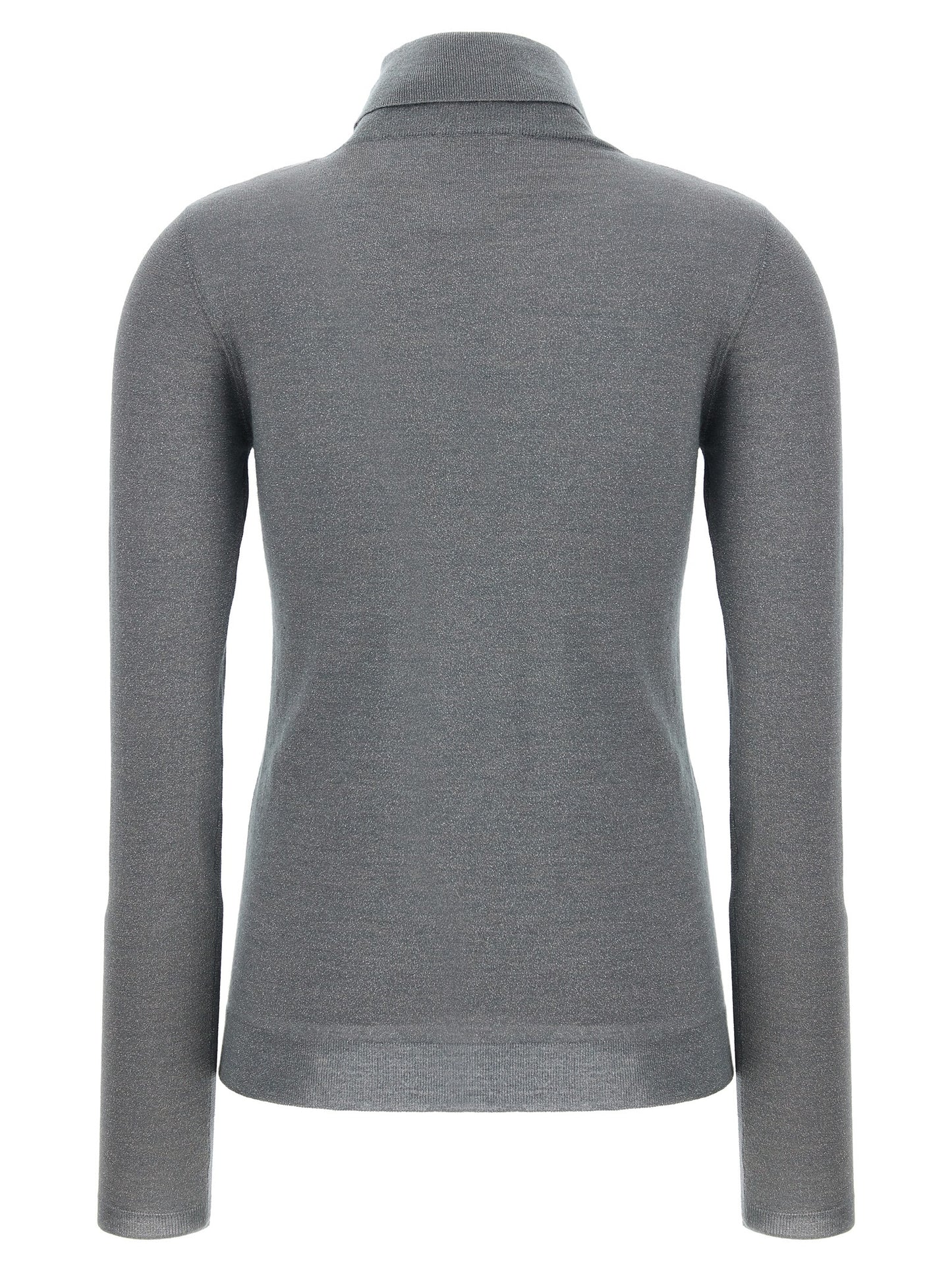 Cardigan by Brunello Cucinelli for women in silk cashmere & polyester gray features a dramatic silhouette, showcasing a sophisticated turtle high-neck neckline and dramatic detail for a timeless, premium look.