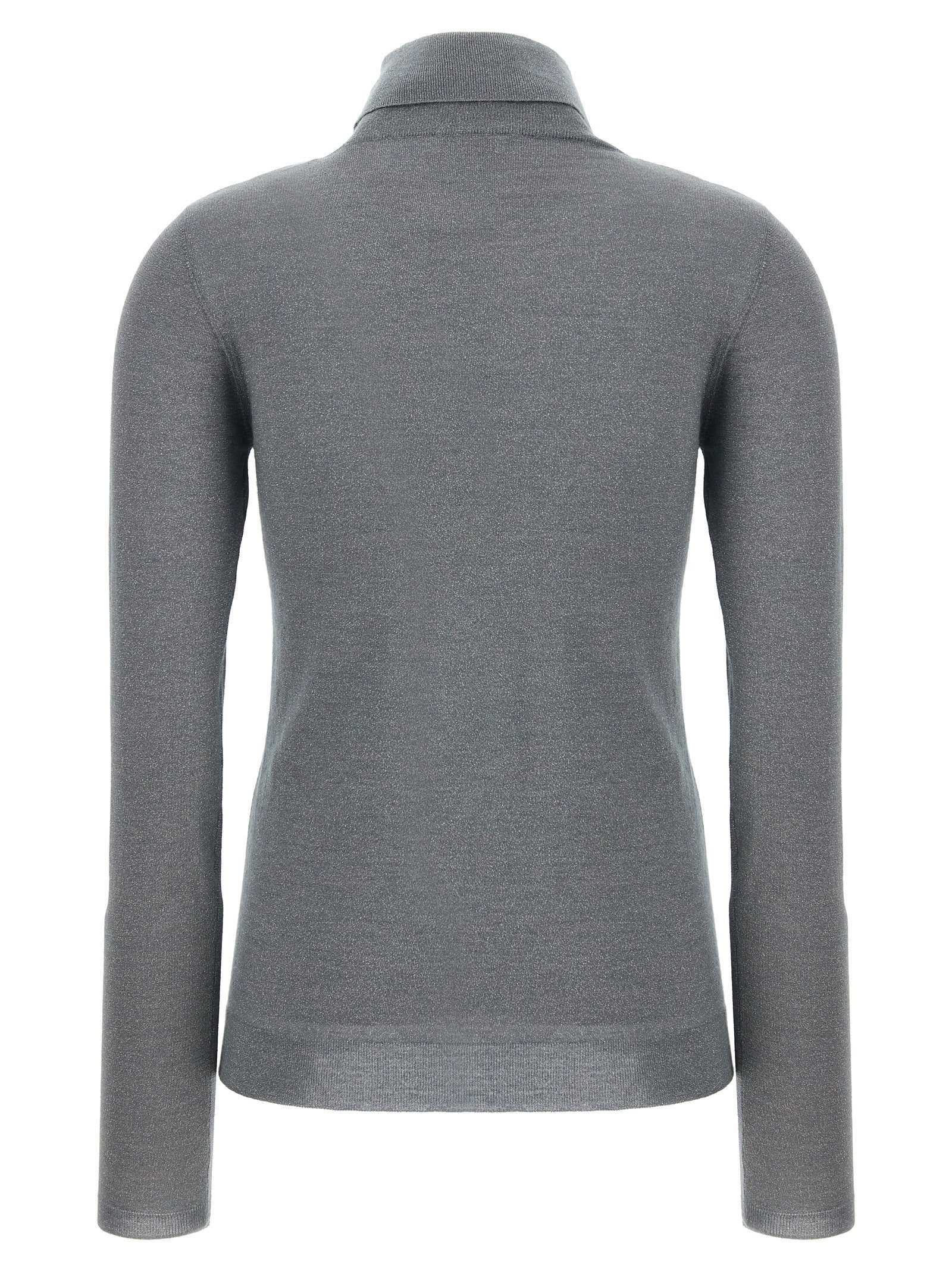 Cardigan by Brunello Cucinelli for women in silk cashmere & polyester gray features a dramatic silhouette, showcasing a sophisticated turtle high-neck neckline and dramatic detail for a timeless, premium look.