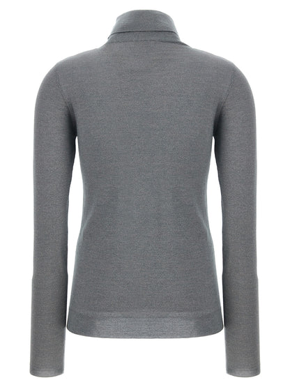 Cardigan by Brunello Cucinelli for women in silk cashmere & polyester gray features a dramatic silhouette, showcasing a sophisticated turtle high-neck neckline and dramatic detail for a timeless, premium look.