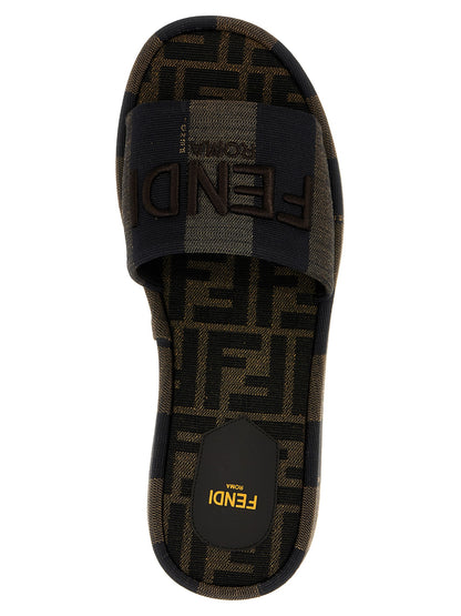Sliders Sandals Flat Shoes by Fendi for women in cotton brown & striped showcases a resplendent Women's Cotton Sliders Sandals Flat Shoes aesthetic with a and .
