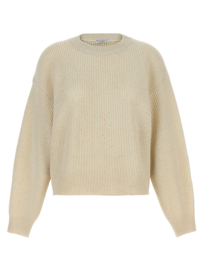 Cardigan by Brunello Cucinelli for women in cashmere polyamide & sequins white features an crisp silhouette, showcasing a sophisticated crew neckline and detail for a truly crisp finish.