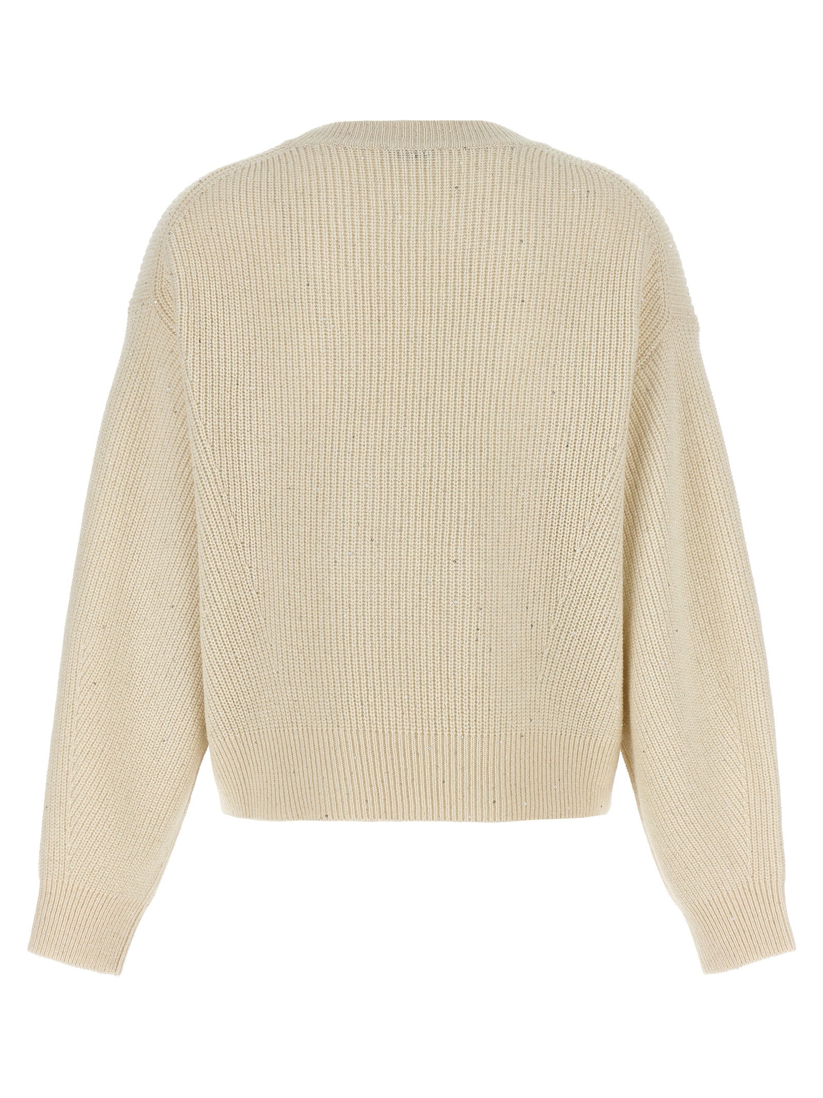 Cardigan by Brunello Cucinelli for women in cashmere polyamide & sequins white features a nuanced silhouette with a refined crew neckline and nuanced detailing for a sophisticated look.