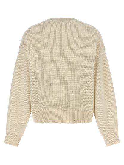 Cardigan by Brunello Cucinelli for women in cashmere polyamide & sequins white features a nuanced silhouette with a refined crew neckline and nuanced detailing for a sophisticated look.