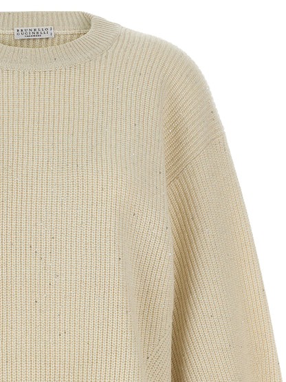 Cardigan by Brunello Cucinelli for women in cashmere polyamide & sequins white presents a textural silhouette, artfully finished with a textural crew neckline and for a sophisticated, textural look.