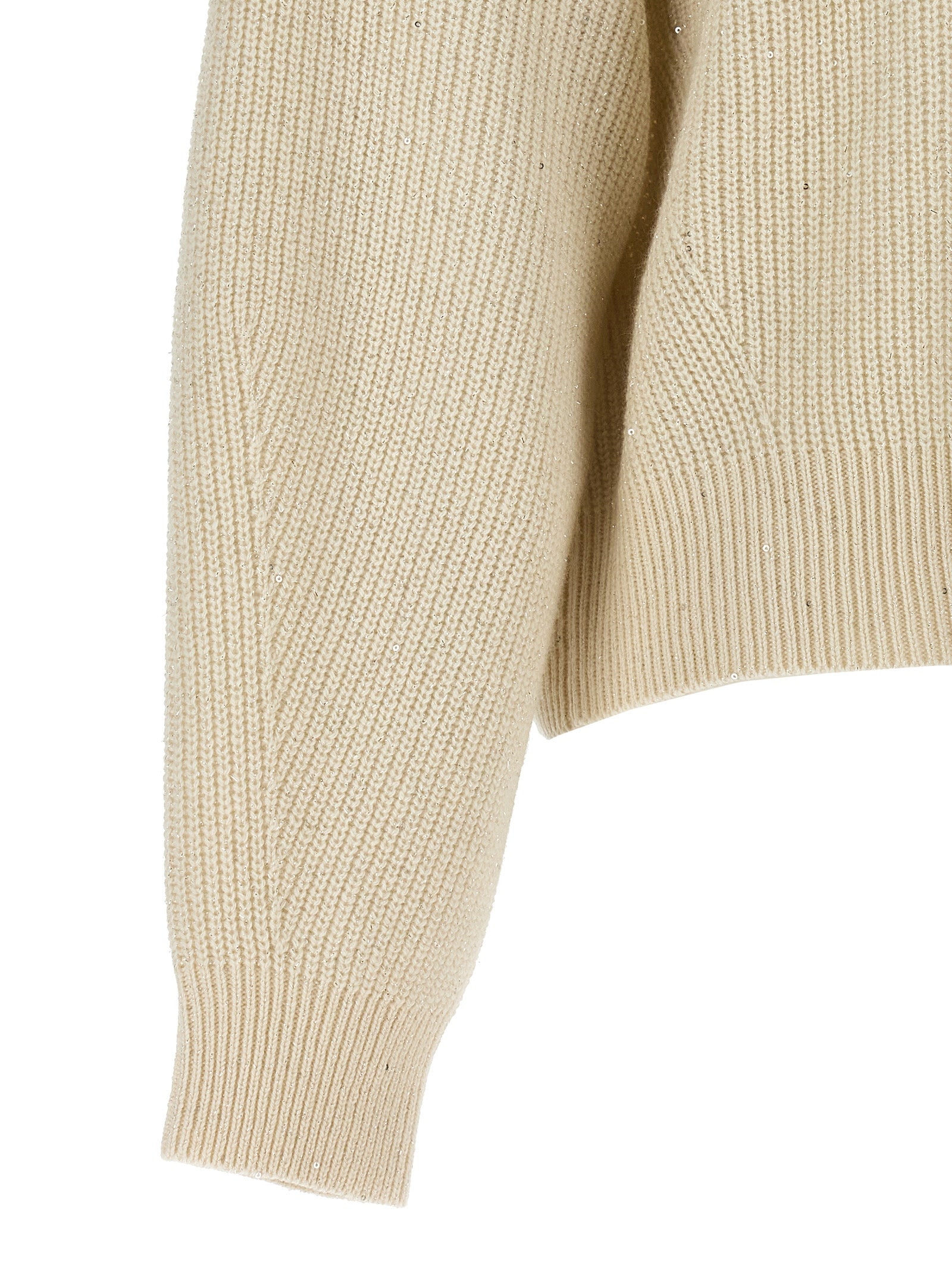 Cardigan by Brunello Cucinelli for women in cashmere polyamide & sequins white features a dramatic silhouette, showcasing a sophisticated and dramatic detail for a timeless, premium look.