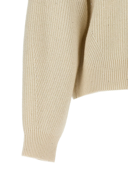 Cardigan by Brunello Cucinelli for women in cashmere polyamide & sequins white features a dramatic silhouette, showcasing a sophisticated and dramatic detail for a timeless, premium look.