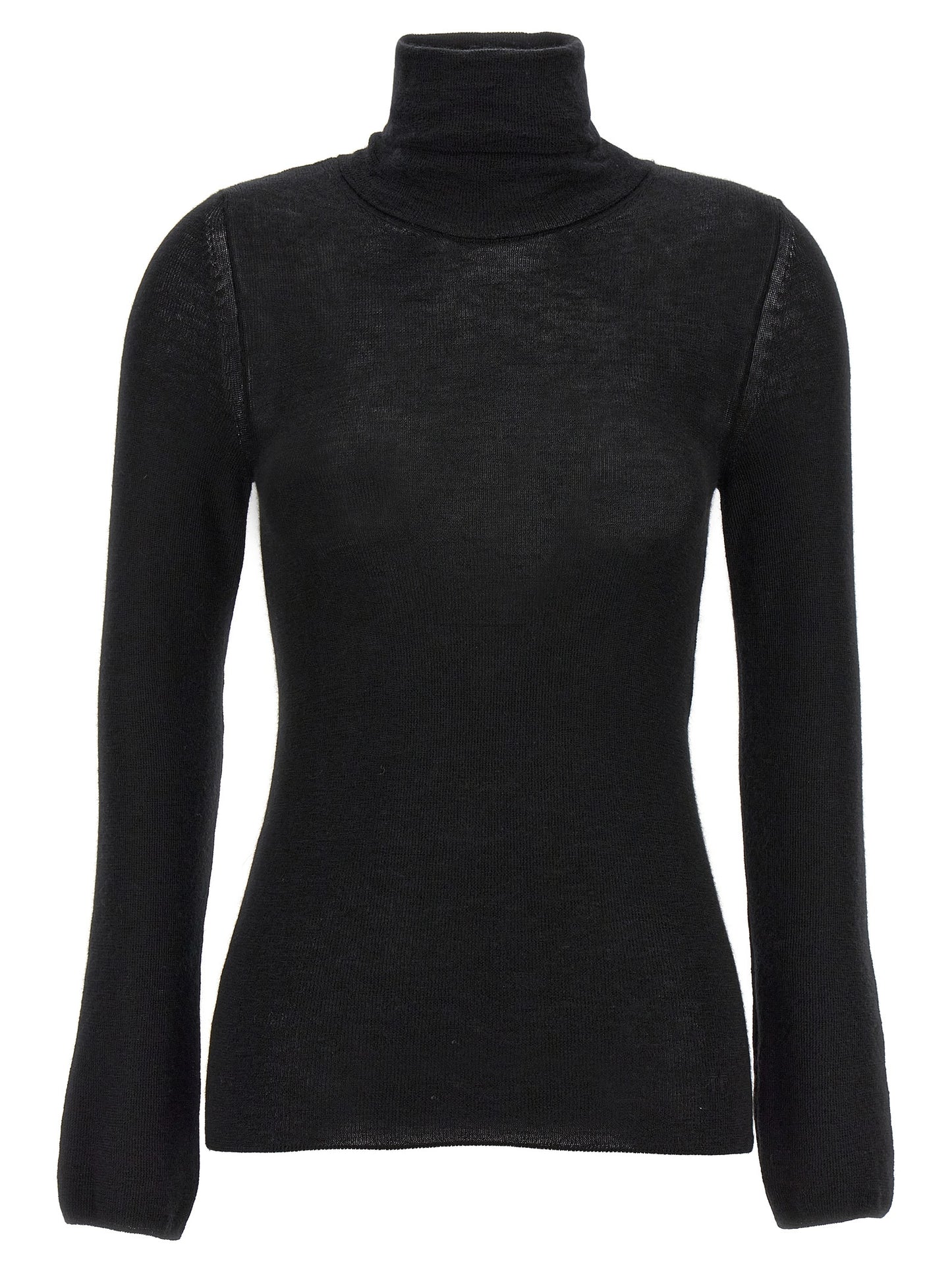 Cardigan by Tom Ford for women in cashmere silk black features a nuanced silhouette with a refined turtle high-neck neckline and nuanced long-sleeve detailing for a sophisticated look.