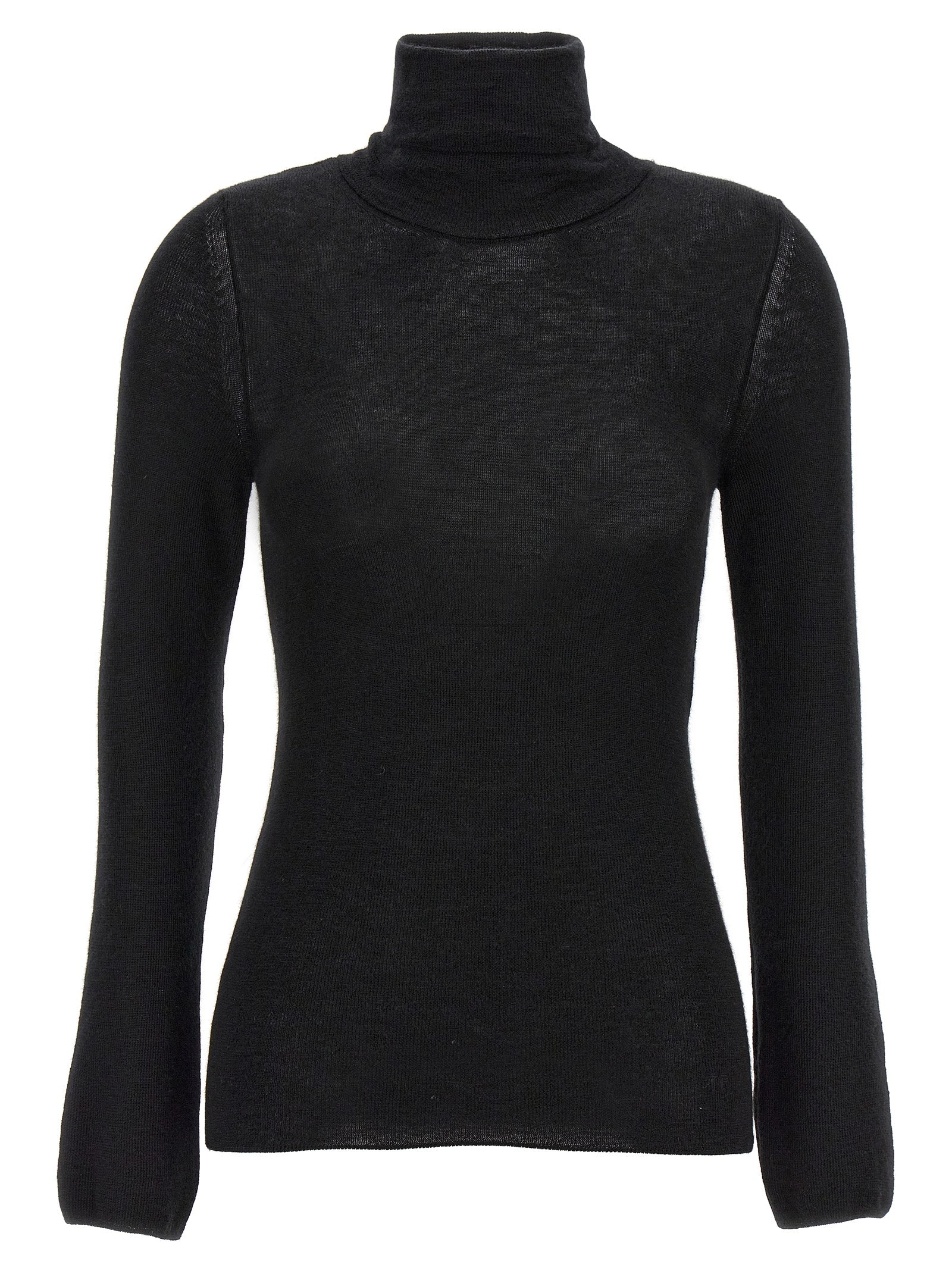 Cardigan by Tom Ford for women in cashmere silk black features a nuanced silhouette with a refined turtle high-neck neckline and nuanced long-sleeve detailing for a sophisticated look.