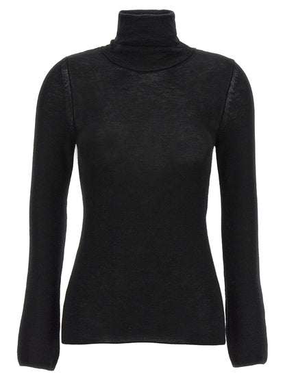 Cardigan by Tom Ford for women in cashmere silk black features a nuanced silhouette with a refined turtle high-neck neckline and nuanced long-sleeve detailing for a sophisticated look.