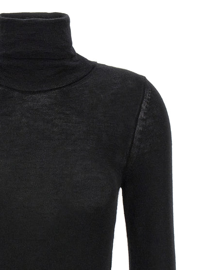 Cardigan by Tom Ford for women in cashmere silk black showcases a captivating silhouette, artfully detailed with a captivating and turtle high-neck neckline for a truly sophisticated captivating look.