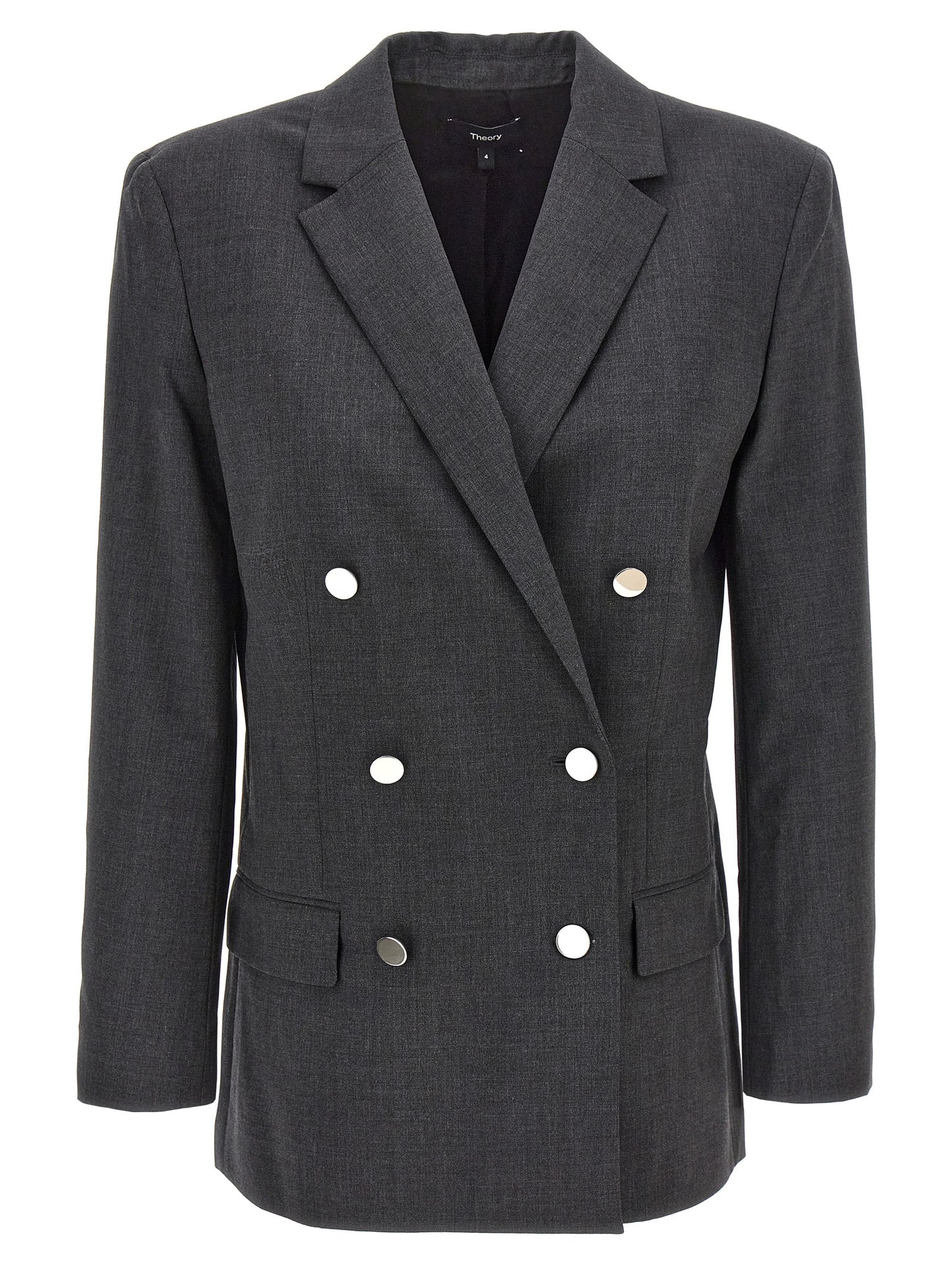 Blazer by Theory for women in wool gray presents a distinguished silhouette, detailed with a distinguished split neckline and distinctive for a truly sophisticated finish.