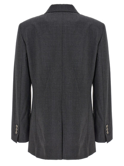 This Blazer by Theory for women in wool gray presents a tailored silhouette, meticulously tailored with a tailored split neckline and distinctive for a tailored finish.