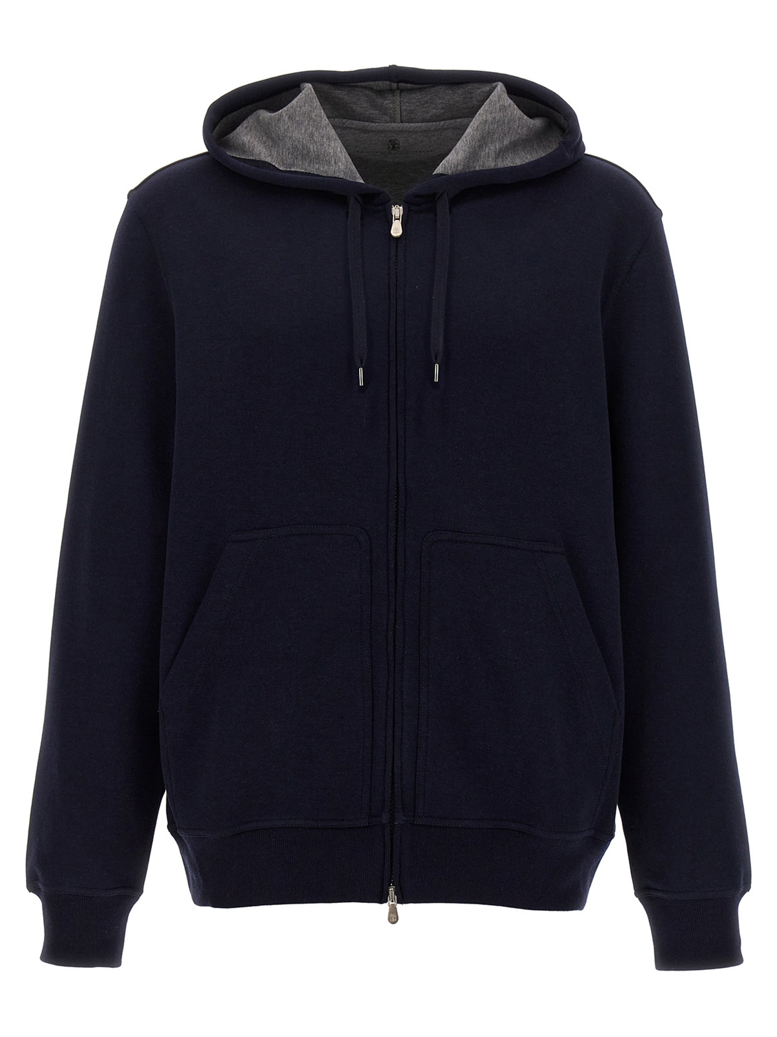 Sweatshirt Hoodie by Brunello Cucinelli for men in silk polyamide cotton & cashmere blue features an avant-garde silhouette, showcasing a sophisticated hooded neckline and detail for a truly avant-garde finish.
