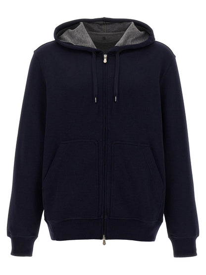 Sweatshirt Hoodie by Brunello Cucinelli for men in silk polyamide cotton & cashmere blue features an avant-garde silhouette, showcasing a sophisticated hooded neckline and detail for a truly avant-garde finish.