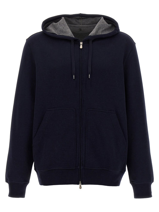 Sweatshirt Hoodie by Brunello Cucinelli for men in silk polyamide cotton & cashmere blue features an avant-garde silhouette, showcasing a sophisticated hooded neckline and detail for a truly avant-garde finish.