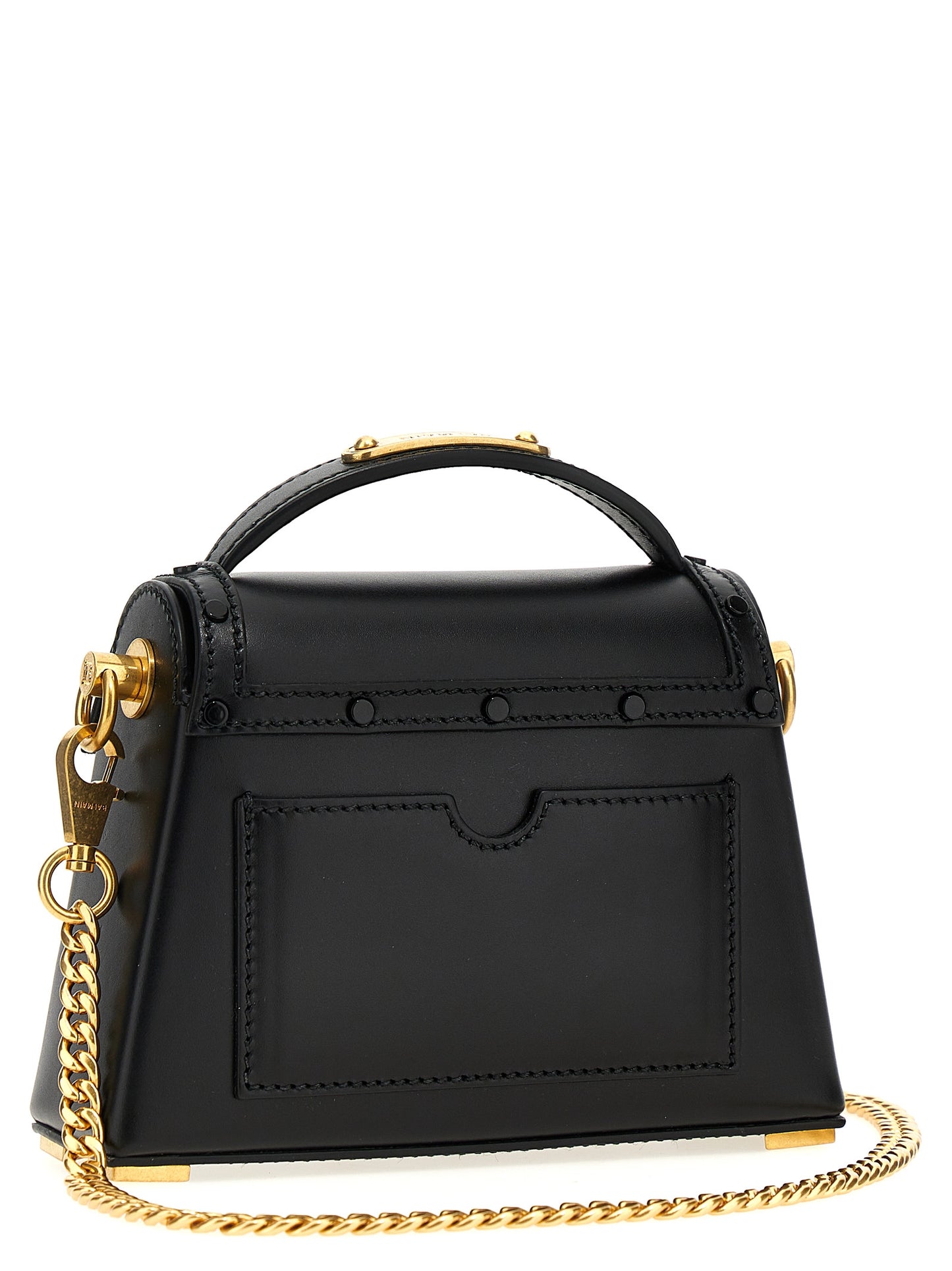 Shoulder Flap Handbag by Balmain for women in calfskin leather black features a signature silhouette, showcasing a secure flap & magnetic and signature with versatile shoulder-strap & handle for a sophisticated look.