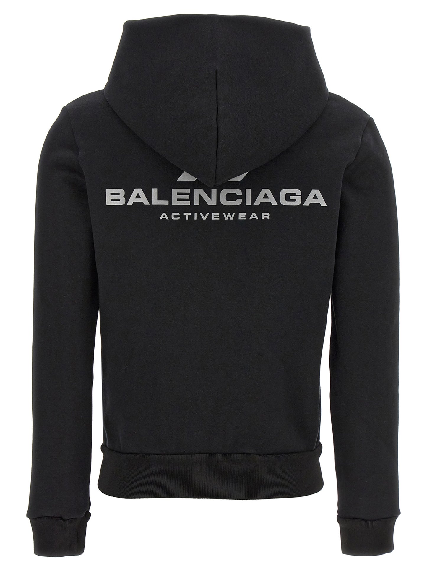 Sweatshirt Hoodie by Balenciaga for women in stretch cotton black & print features an dramatic silhouette, showcasing a sophisticated hooded neckline and dramatic for a refined, modern aesthetic.
